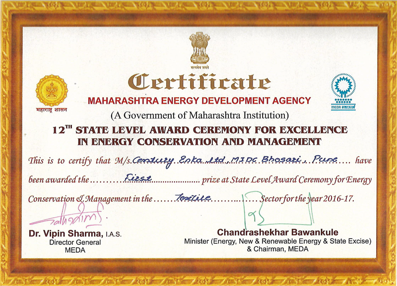 1st Prize MEDA Energy Conservation Award for Century Enka- 2018